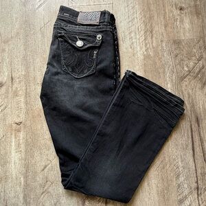 Women’s Y2K Buckle MEK Lyon Easy Bootcut Black/Gray Denim Jeans Size 27W 32L